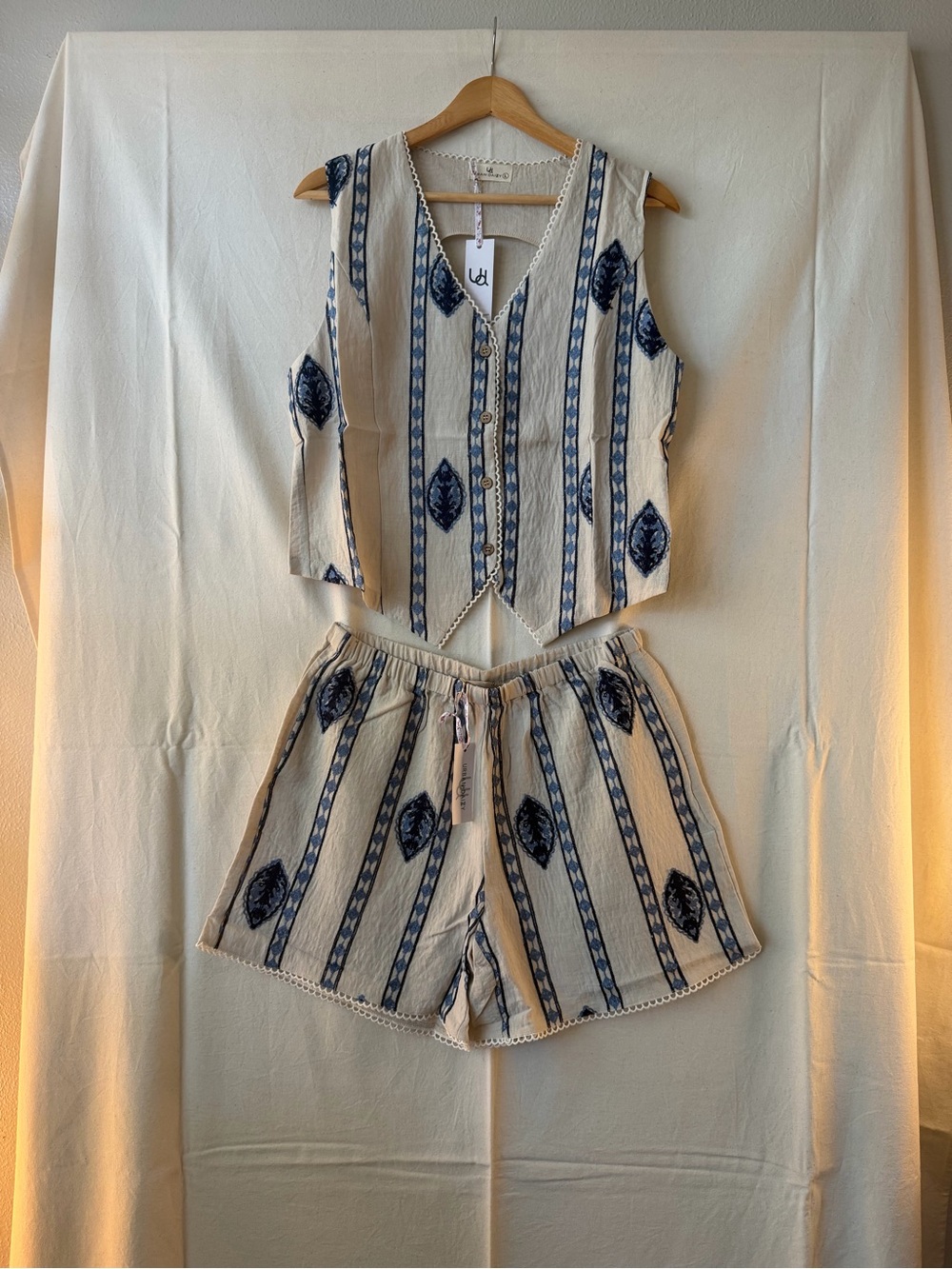 Sleeveless Cream & Blue Striped Button-Front Vest and Shorts Set